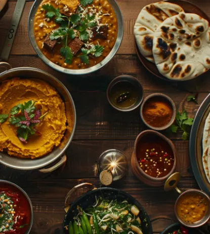Indian dining table with many traditional dishes