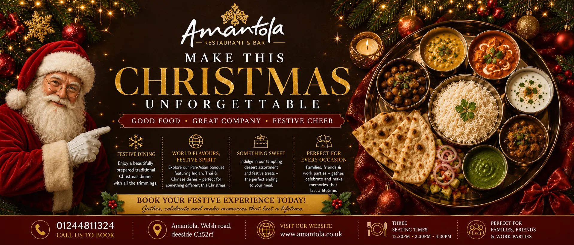 Make this Christmas unforgettable at Amantola — festive dining and Pan-Asian banquet. Three seating times: 12:30pm, 2:30pm, 4:30pm. Early booking recommended.