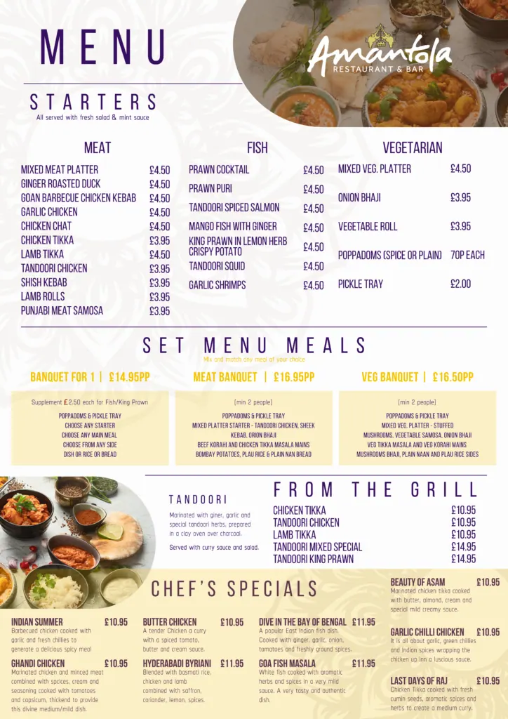 Amantola menu — starters, mains and set menu meals